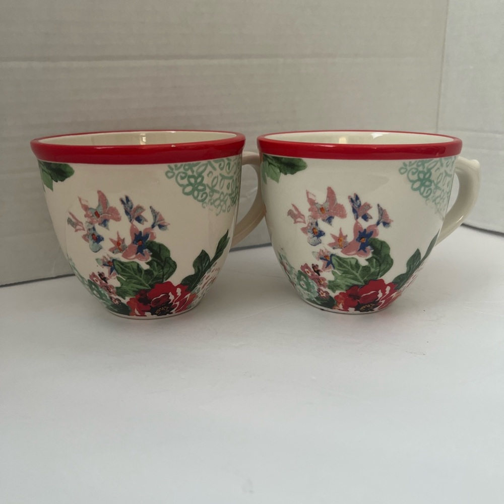 Pioneer Woman Floral Ceramic Mugs with Red Rim - Picture 2 of 5